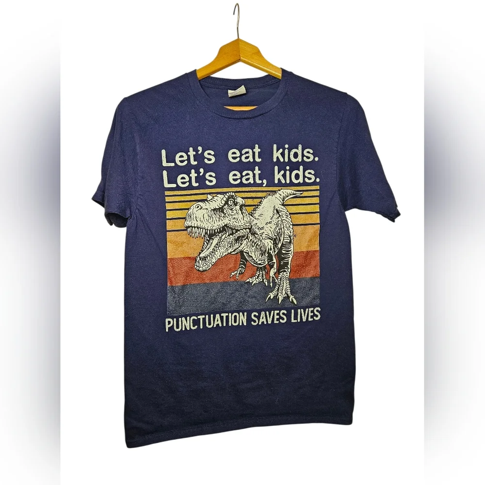 Small Men's Blue Dinosaur Graphic T-Shirt With Funny Saying - Used - Picture 3 of 5